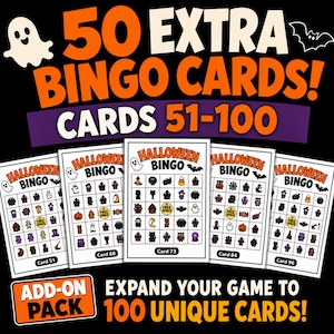 Puede incluir: Un conjunto de 50 tarjetas de bingo de Halloween adicionales, numeradas del 51 al 100, con una cuadrícula de iconos coloridos con motivos festivos como fantasmas, murciélagos, calabazas y calderos, incluyendo un espacio libre central.