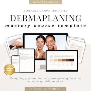May include: A digital template for a dermaplaning mastery course. The image shows a computer screen, tablet, and phone displaying course content, alongside a gold-coloured bonus forms badge. Text includes "Editable Canva Template" and "Everything you need to teach dermaplaning like a pro."