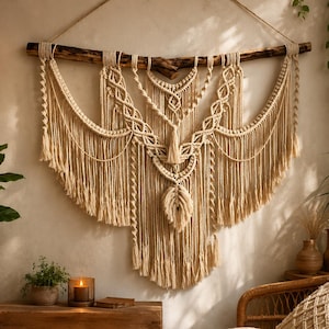 Op de afbeelding: Een grote, gebroken witte macramé wandhanger opgehangen aan een donkere, natuurlijke houten tak. Het stuk bevat ingewikkelde knooppatronen, gevlochten secties en lange, vloeiende franjes die een gelaagd, symmetrisch ontwerp creëren.