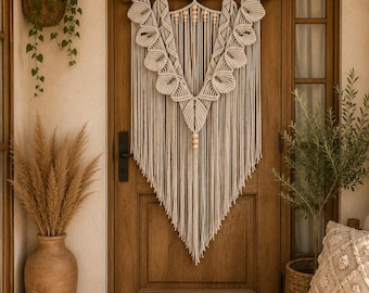 Groot macramé wandkleed, boho bladmotief, handgeweven decoratie, neutrale wanddecoratie voor woonkamer en slaapkamer, rustiek wooncadeau, boho chic decoratie