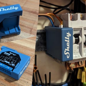 May include: Blue Shelly smart home device with white lettering. The device is shown in multiple views, including one installed next to electrical breakers. The device has a diagram and connector ports.