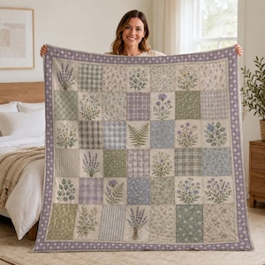 Lavender Floral Patchwork Quilt Blanket, Cottagecore Herb Garden Sofa Throw