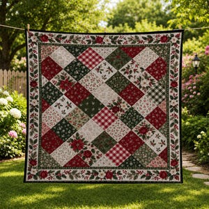 May include: A square quilt featuring a patchwork of diamond-shaped fabric panels in red, dark green, and cream. The patterns include red and white gingham, floral prints, and poinsettia motifs. A border displays red roses and green holly leaves.