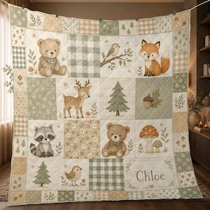 Puede incluir: Una manta acolchada con diseño de patchwork que presenta ilustraciones de un oso, un zorro, un ciervo, un mapache y pájaros, junto a pinos, setas y bellotas en tonos verde salvia, beige y blanco, con el nombre Chloe impreso.