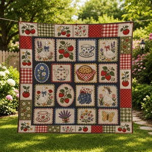 Manta acolchada Strawberry Goose, manta de patchwork Cottagecore Tea Cup, manta de picnic de jardín estilo granja.
