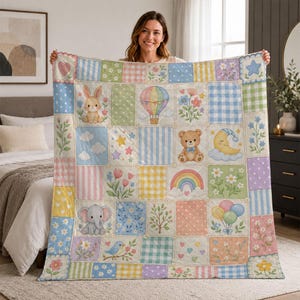 Pastel Baby Quilt, Nursery Patchwork Throw, Bunny Bear Elephant Rainbow Blanket