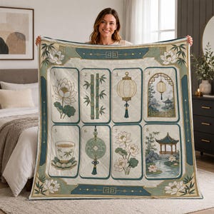 Lotus Bamboo Quilt Blanket, Asian Zen Floral Tea Garden Throw, Elegant Home Decor