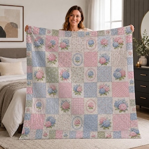 Pastel Hydrangea Quilt Blanket, Floral Patchwork Throw, Cottage Garden Blanket, Soft Nursery Room Decor