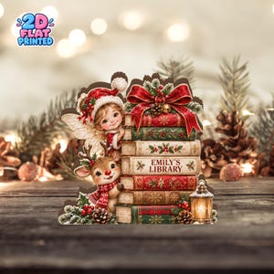 Personalized Christmas Book Stack Decor, Custom Name Library Sign, Cute Fairy and Reindeer Holiday Shelf Display