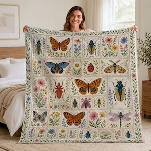 Vintage insecten botanische vlinder kever quilt deken, patchwork tuininsecten plaid
