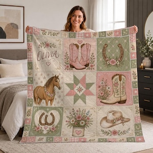 Personalized Cowgirl Quilt Blanket, Western Horse Floral Patchwork Throw, Custom Name Rodeo Nursery Decor