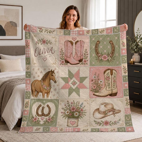 Personalized Cowgirl Quilt Blanket, Western Horse Floral Patchwork Throw, Custom Name Rodeo Nursery Decor