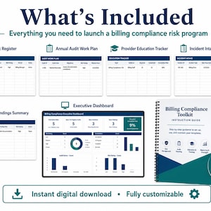 May include: A digital toolkit with the text "What's Included" and "Everything you need to launch a billing compliance risk program." Includes forms, dashboards, and a 10-page instruction guide. Features "Instant digital download" and "Fully customizable."