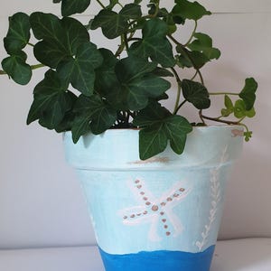 May include: A light blue terracotta plant pot featuring a hand-painted white starfish design with gold accents and a solid dark blue base. The pot contains a lush green ivy plant with multiple lobed leaves extending upwards from the rim.
