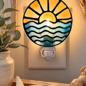Sunset & Waves Resin Night Light | Faux Stained Glass Plug in Light