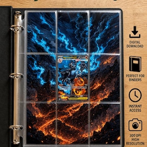 May include: A black binder containing a Mega Charizard X ex inspired extended art insert. The artwork features blue flames and volcanic lava. Icons indicate digital download, binder compatibility, instant access, 300 DPI resolution, and PDF file format.