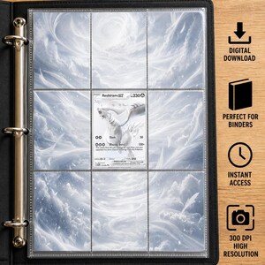 Könnte beinhalten: Ein schwarzer Ordner mit durchsichtigen Kunststofftaschen, der einen Einleger mit erweiterter Kunst im Reshiram ex-Stil enthält. Das Design zeigt weiße Wolken und Himmel. Der Text umfasst Reshiram ex, 230, Slash, Blazing Burst, Digital Download, Perfect for Binders, Instant Access, 300 DPI High Resolution und PDF File Instant Access.