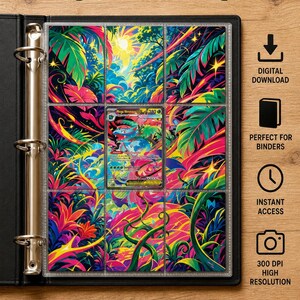 May include: A black binder containing nine trading card slots, with eight slots displaying vibrant, colorful jungle-themed artwork and one center slot holding a Mega Venusaur ex trading card. Text includes Mega Venusaur ex Inspired Extended Art.