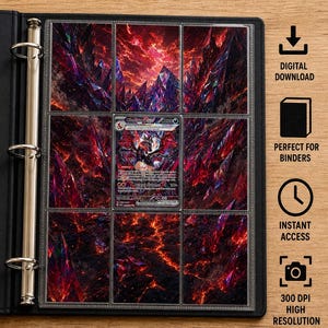 Peut inclure: Une page de classeur noire avec une illustration étendue inspirée de Shiny Charizard ex, montrant des paysages cristallins rouges et noirs. Le texte indique Shiny Charizard ex Inspired Extended Art FOR BINDER, DIGITAL DOWNLOAD, INSTANT ACCESS, 300 DPI HIGH RESOLUTION et PDF FILE INSTANT ACCESS.