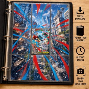 May include: A black binder page insert featuring Mega Lucario ex inspired extended art. The design displays a city scene with red and blue energy streaks. Text includes Mega Lucario ex Inspired Extended Art, Digital Download, Perfect for Binders, Instant Access, 300 DPI High Resolution, and PDF File Instant Access.