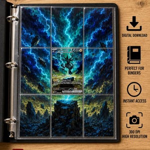 Könnte beinhalten: Ein digitaler Download mit Zekrom-inspirierter erweiterter Kunst für einen Ordner, angezeigt in einer Kunststoffseite mit neun Fächern. Das Kunstwerk zeigt blaue Blitze und dunkles felsiges Gelände. Enthält Text: Zekrom Inspired Extended Art, DIGITAL DOWNLOAD, PERFECT FOR BINDERS, INSTANT ACCESS, 300 DPI HIGH RESOLUTION, PDF FILE INSTANT ACCESS, *CARD NOT INCLUDED.