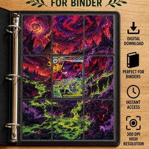 Pode incluir: Um download digital de arte estendida inspirada em Mega Gengar ex para fichário. A imagem apresenta uma carta colecionável central cercada por uma paisagem vulcânica escura e contínua com lava roxa e verde brilhante, em formato PDF.