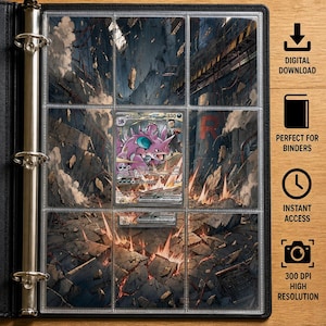 May include: A digital download of Team Rocket's Nidoking ex inspired extended art for a binder. The image features a purple creature in a ruined landscape, displayed in a nine-pocket binder page. Includes icons for digital download, binder use, instant access, 300 DPI resolution, and a PDF file.