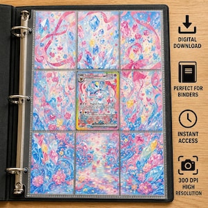 Puede incluir: Una carpeta negra con nueve bolsillos de plástico transparente, ocho de los cuales muestran un estampado artístico de flores y cristales en rosa y azul, con una carta coleccionable Sylveon ex en el centro. Texto: Sylveon ex Inspired Extended Art.