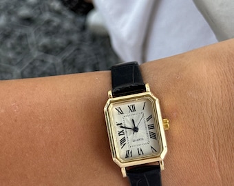 Gold Square Women Watch, Roman Numeral Dial, Black Faux Leather Strap, Classic Quartz Wristwatch