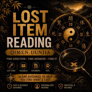 May include: A digital graphic for a "Lost Item Reading" service. The design features gold text on a dark background, including the words "Lost Item Reading" and "Qimen Dunjia." Icons represent lost items, valuables, documents, and pets. A magnifying glass and a compass are also included.