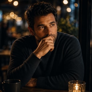 May include: A person with dark hair and a short beard wearing a dark navy blue long-sleeved jumper with a ribbed crew neckline and ribbed cuffs. The person is resting their chin on their hand, looking away with a thoughtful expression.