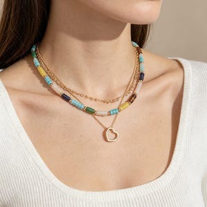 Può includere: Un set di collane a strati composto da una catenina color oro e un filo di perline. Il filo di perline presenta perline cilindriche nei toni del turchese, giallo, verde, blu scuro e bianco, con distanziatori color oro e un ciondolo a cuore.