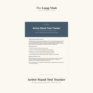 May include: A medical document titled "Active Stand Test Tracker" with a dark blue header and white text. The document provides instructions for a 60-day log built around the NASA Lean Test, with details on how to perform the test and interpret results.