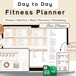 Könnte beinhalten: Ein digitaler Day to Day Fitnessplaner auf einem Laptop, Tablet und Smartphone. Die Benutzeroberfläche enthält Bereiche für Fitness, Ernährung, Mahlzeiten, Erholung und Zeitplanung mit automatisierten Berechnungen, Diagrammen und Datentabellen.