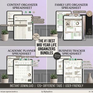 May include: A digital bundle featuring four spreadsheet organisers: Content Organiser, Family Life Organiser, Academic Planner, and Business Tracker. Each display shows dashboard layouts, data tables, and charts for Google Sheets and Excel.
