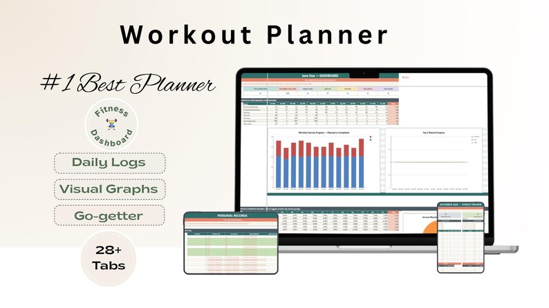 Ultimate Fitness Tracker Google Sheets | Workout Log, Weight Loss Tracker Spreadsheet, Gym Diary, Custom Exercise Planner, Cardio Dashboard image 2