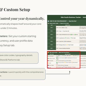 May include: A digital spreadsheet interface titled Side Hustle Business Tracker with instructions and a color guide. The text includes Onboarding & Custom Setup, Universal Parameters, and step-by-step instructions for business management and tracking.