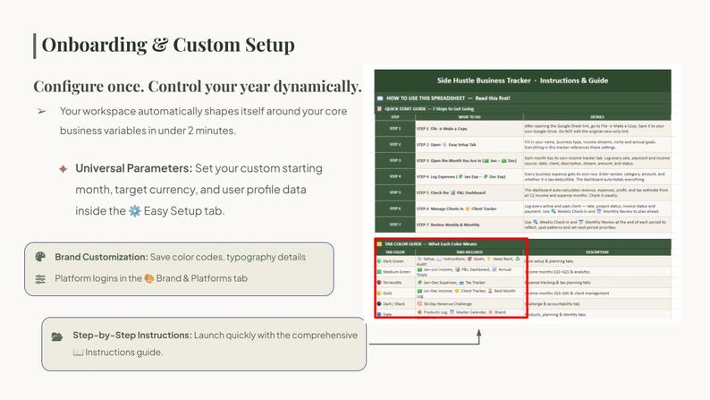 May include: A digital spreadsheet interface titled Side Hustle Business Tracker with instructions and a color guide. The text includes Onboarding & Custom Setup, Universal Parameters, and step-by-step instructions for business management and tracking.