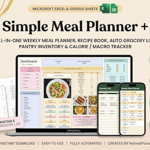 Simple Meal Planner+ Google Sheets & Excel | All-in-One Weekly Meal Planner, Recipe Book + Macro Tracker