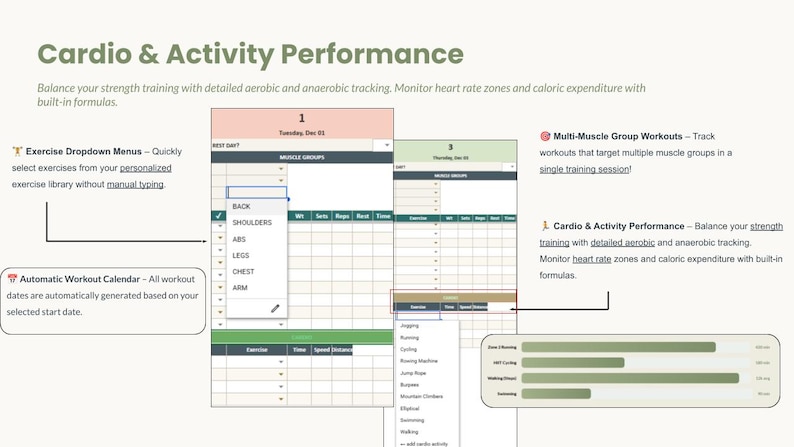 Ultimate Fitness Tracker Google Sheets | Workout Log, Weight Loss Tracker Spreadsheet, Gym Diary, Custom Exercise Planner, Cardio Dashboard image 4