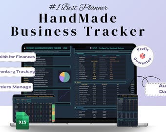 Planificador integral para negocios de artesanía | Hojas de cálculo de Google: finanzas para pequeñas empresas, registro de pedidos, calculadora de precios, panel de control de inventario.