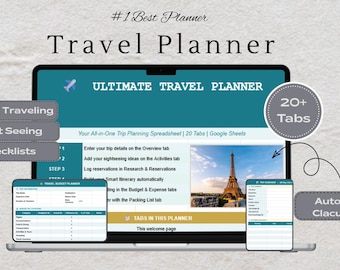 Plantilla de hoja de cálculo de Google Sheets para planificar viajes, itinerario de vacaciones, registro de gastos y presupuesto de viaje, descarga digital.
