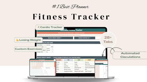 Ultimate Fitness Tracker Google Sheets | Workout Log, Weight Loss Tracker Spreadsheet, Gym Diary, Custom Exercise Planner, Cardio Dashboard