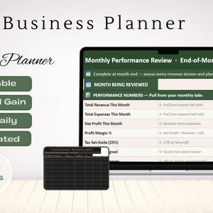 May include: A digital business planner displayed on a laptop screen, a tablet, and a smartphone. The interface features a Monthly Performance Review with fields for revenue, expenses, and profit. Text includes Business Planner, #1 Best Planner, Profitable, Financial Gain, Earn Daily, Automated, and 28+ Tabs.