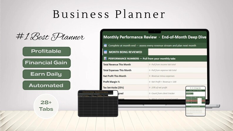 May include: A digital business planner displayed on a laptop screen, a tablet, and a smartphone. The interface features a Monthly Performance Review with fields for revenue, expenses, and profit. Text includes Business Planner, #1 Best Planner, Profitable, Financial Gain, Earn Daily, Automated, and 28+ Tabs.
