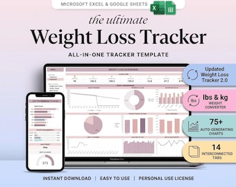 May include: A digital weight loss tracker template for Microsoft Excel and Google Sheets displayed on a laptop and smartphone. The interface features pink and white charts, graphs, and data fields. Text includes "the ultimate Weight Loss Tracker" and "Updated Weight Loss Tracker 2.0" with icons for lbs and kg, 75+ auto-generating charts, and 14 interconnected tabs.