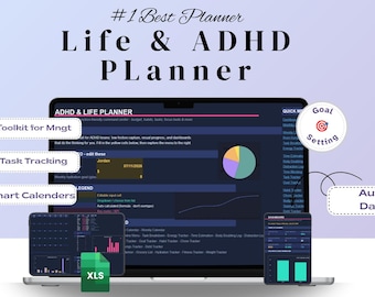 Planificador de vida definitivo para personas con TDAH en Google Sheets | Panel de control de rutinas diarias para personas con TDAH, plantilla de desglose de tareas, registro de energía, hoja de cálculo para registrar ideas