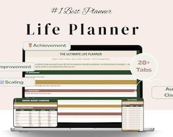 Planificador de vida digital en Google Sheets | Resumen automatizado del presupuesto anual, seguimiento de hábitos, panel de objetivos, hoja de cálculo para el seguimiento de facturas