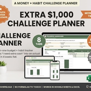 Extra 1000 Dollars Challenge Planner Excel + Google Sheets | 4 Week Money Saving Challenge, Habit Tracker Spreadsheet, Budget Dashboard
