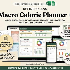 May include: A digital Macro Calorie Planner spreadsheet for Microsoft Excel and Google Sheets by RefinedPlans. The interface displays a dashboard with calorie goals, macro trackers, food logs, and charts on a laptop, tablet, and smartphone screen.